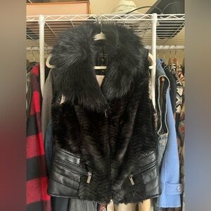 Guess Black Faux Fur Vest with Leather Accents